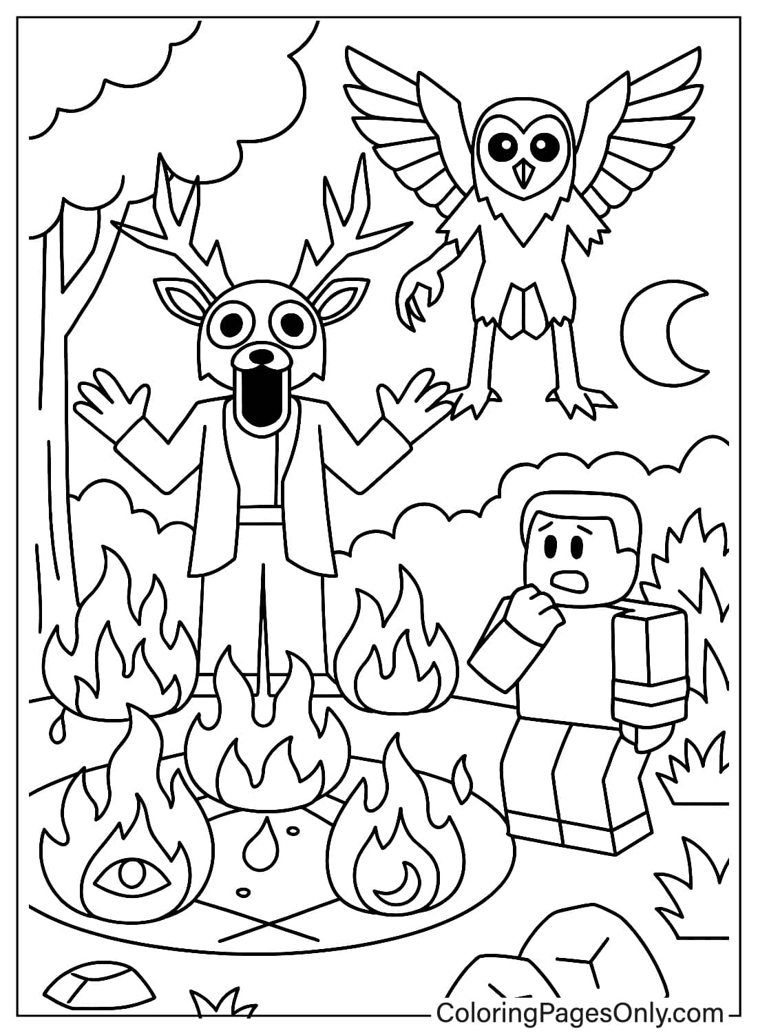 Испуганный искатель приключений смотрит на монстра-оленя и сову в лесу, окруженном множеством костров на ритуальном символе. из «99 ночей в лесу»