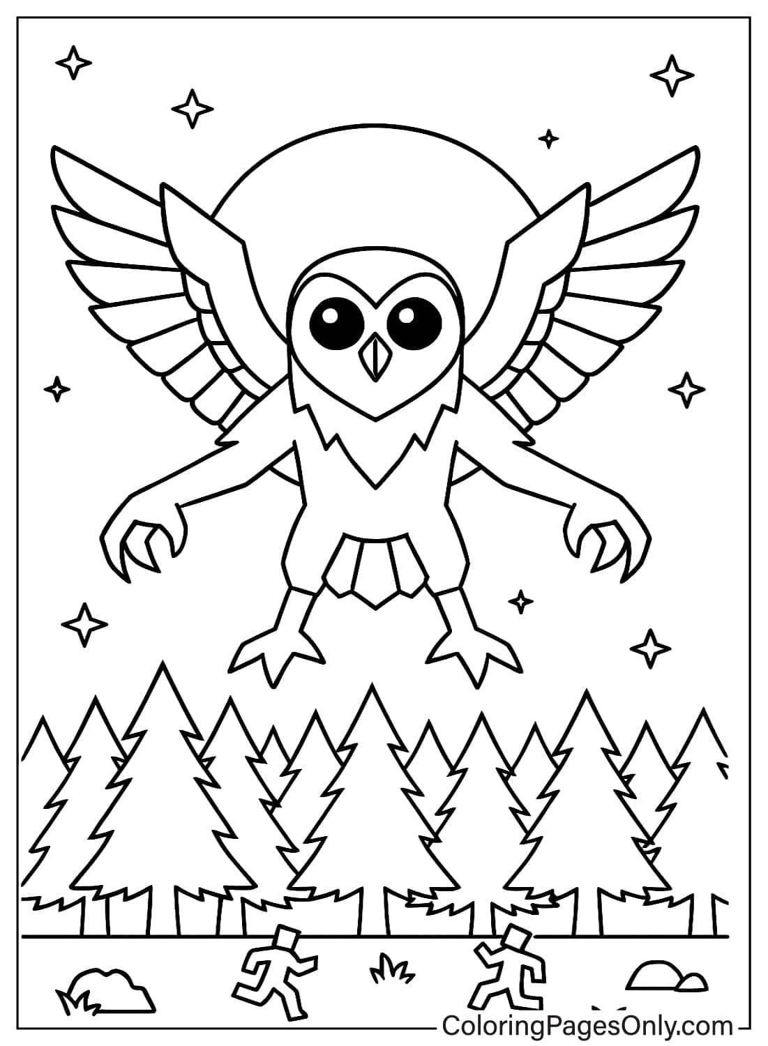 Гигантский, устрашающий сова-монстр с когтями летит над сосновым лесом, а внизу бегут две маленькие фигурки искателей приключений. Раскраска из книги «99 ночей в лесу».
